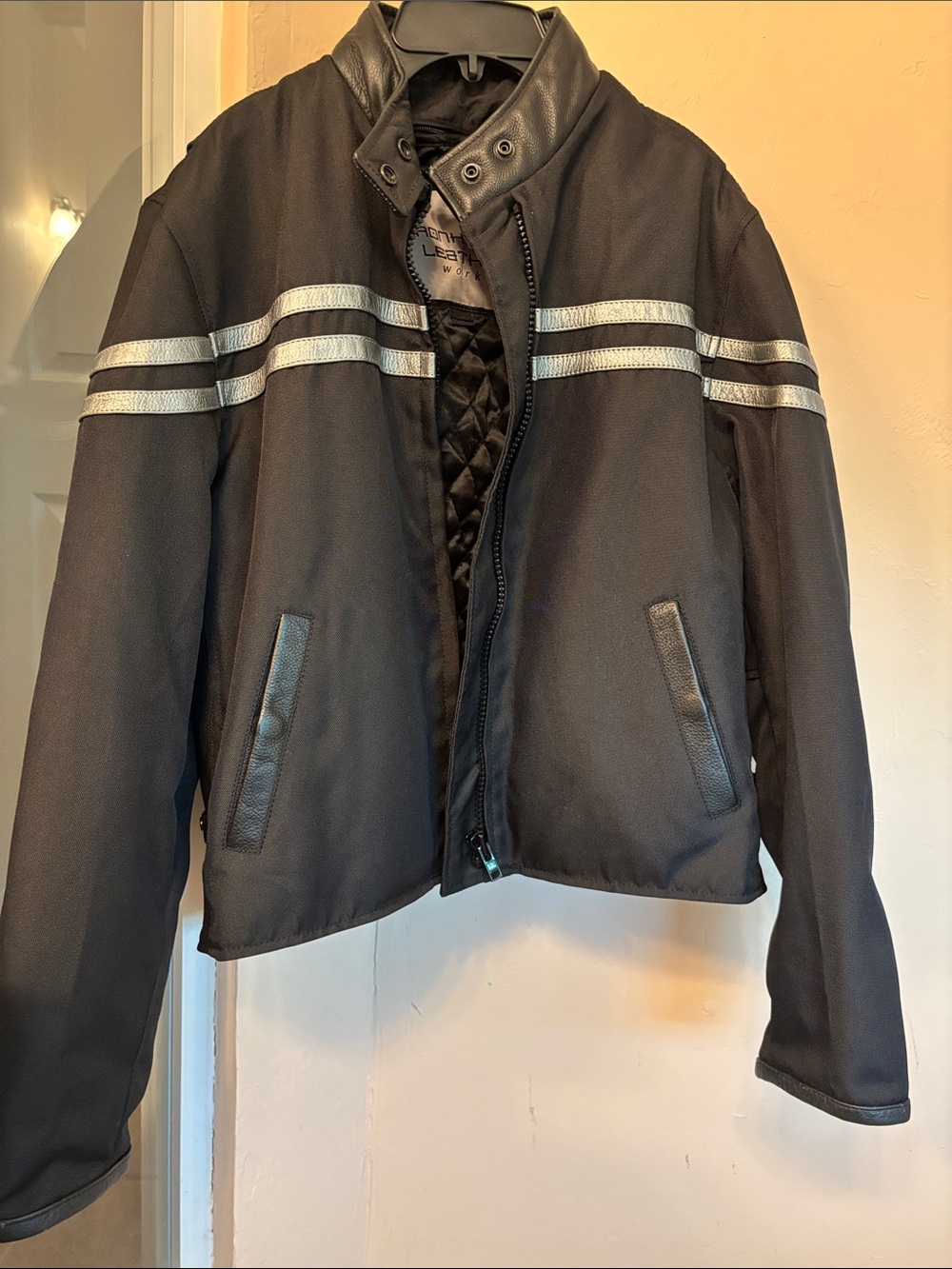 Women’s Black Leather-Trim Motorcycle Jacket
